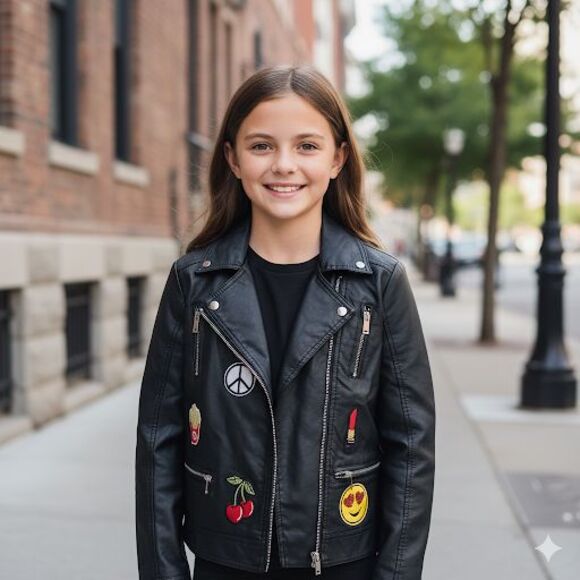 Aqua Childs Faux Leather Biker Battle Jacket with Patches Size Large - Picture 1 of 8